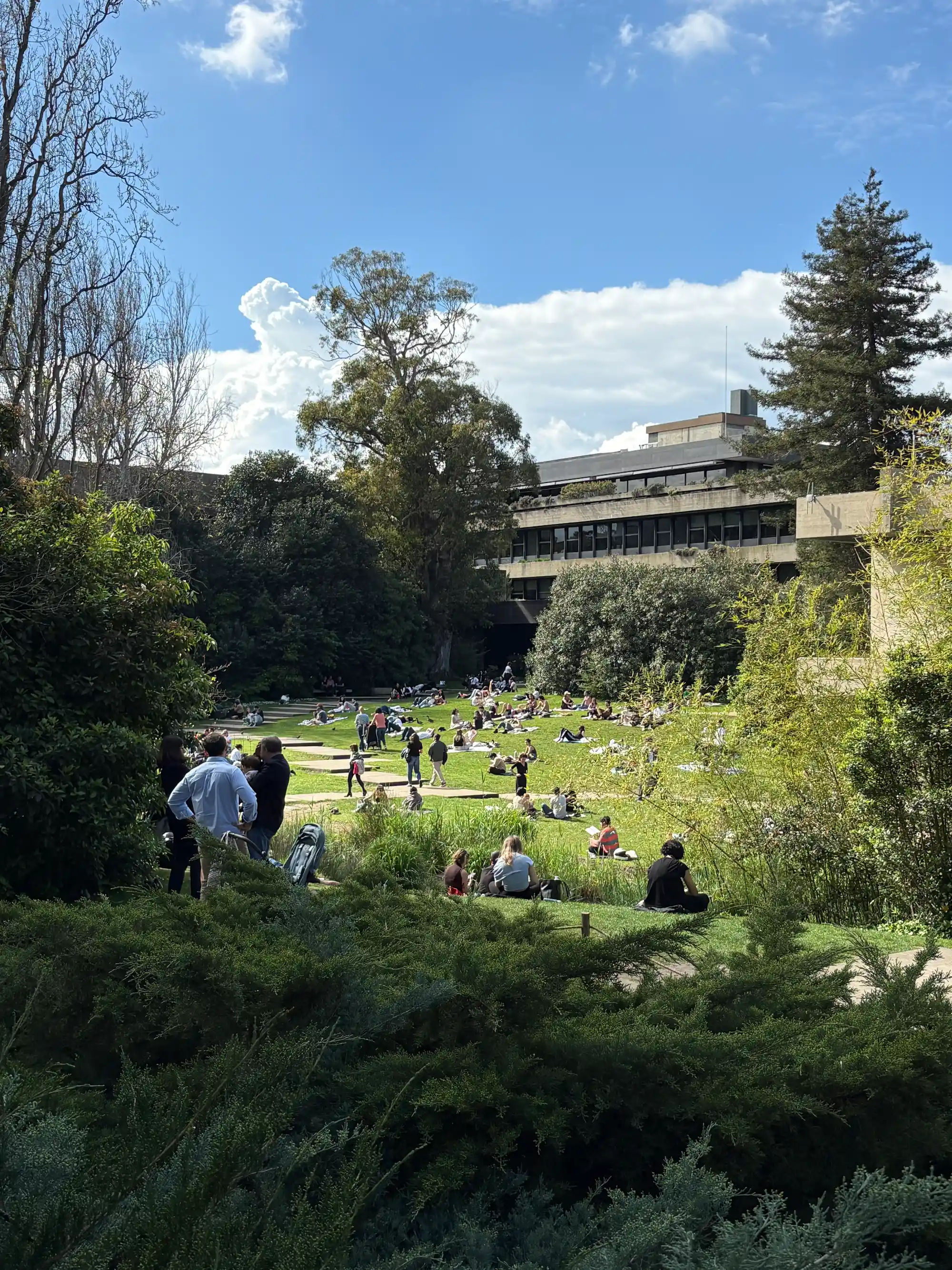 Pessoas relaxando na grama verde de um parque em Avenidas Novas, Lisboa, Portugal.