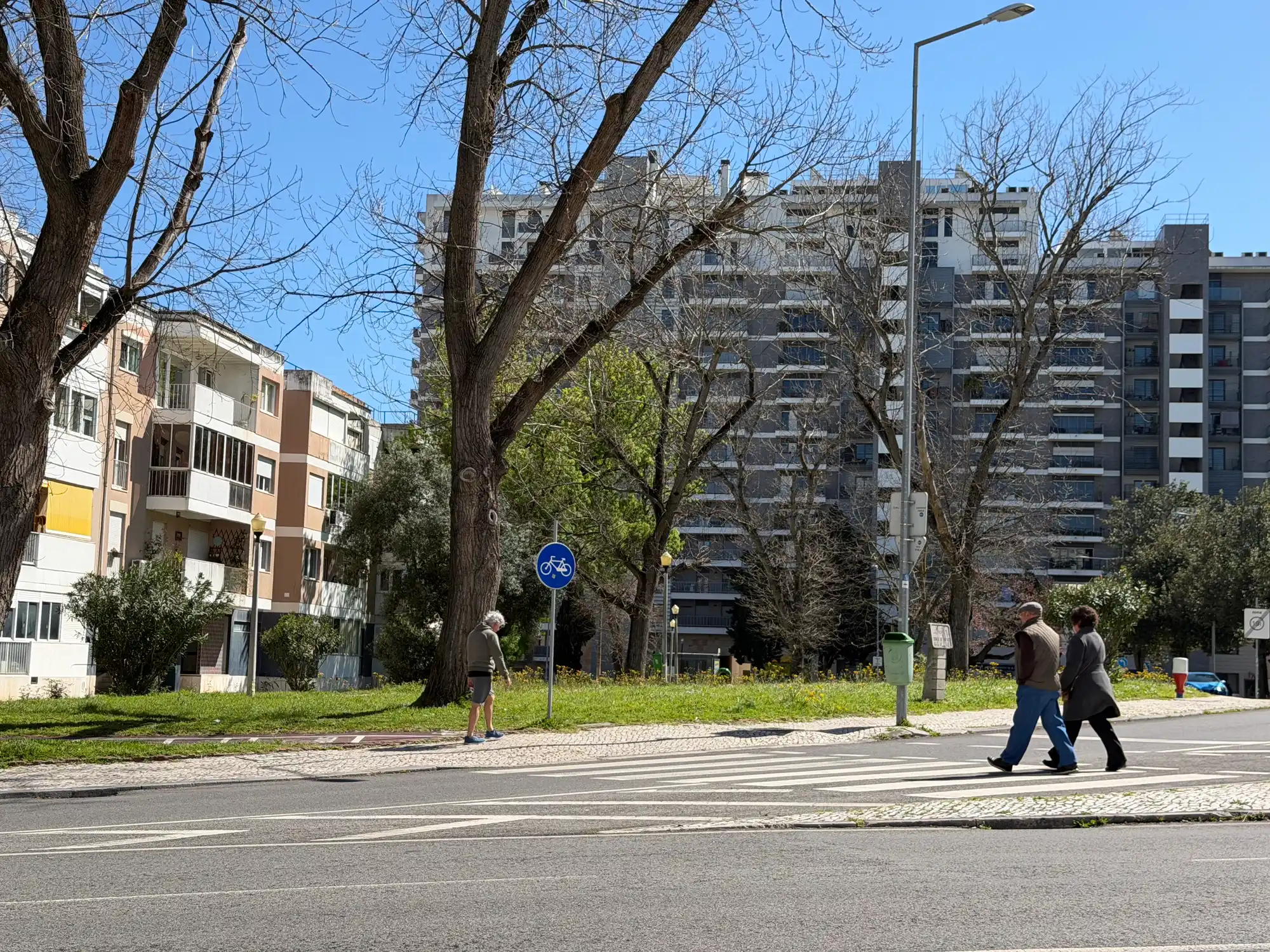 Olivais neighborhood in Lisbon with residential buildings, trees, and people crossing the street