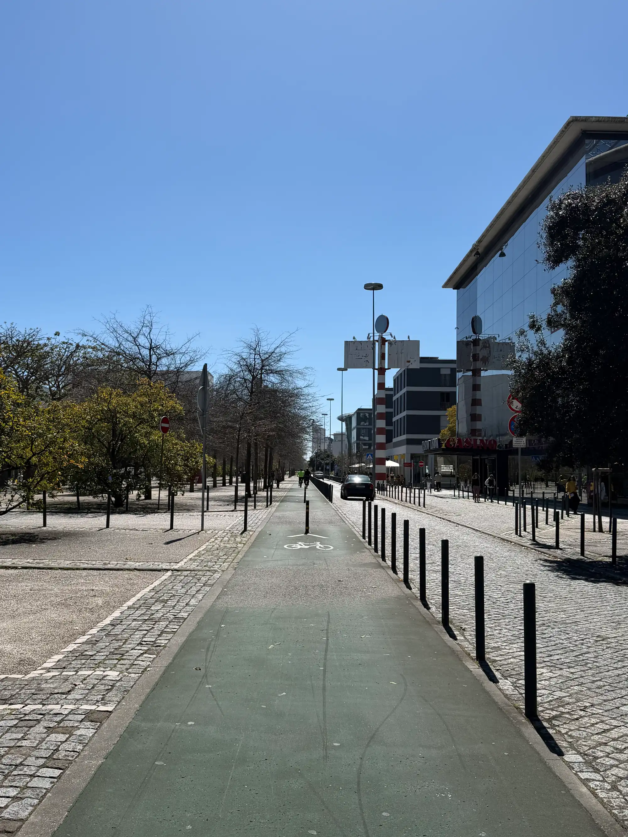 Bike lane along a modern street in Parque das Nações, Lisbon, with contemporary buildings, trees, and clear blue sky.